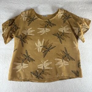 Elena Baldi 100% Linen Blouse Dragonfly Top Ruffle Sleeve Italy Tan Size Medium‎